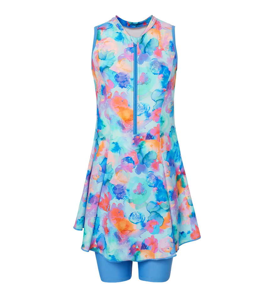 Girl's Endurance10 Printed Closedback Swimdress With Boyleg - Angelic Blue & Periwinkle Blue