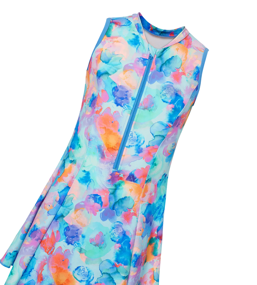 Girl's Endurance10 Printed Closedback Swimdress With Boyleg - Angelic Blue & Periwinkle Blue