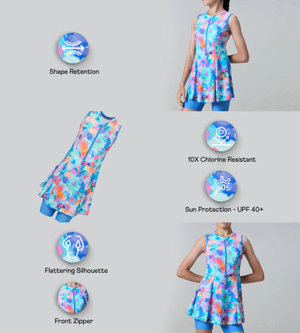 Girl's Endurance10 Printed Closedback Swimdress With Boyleg - Angelic Blue & Periwinkle Blue
