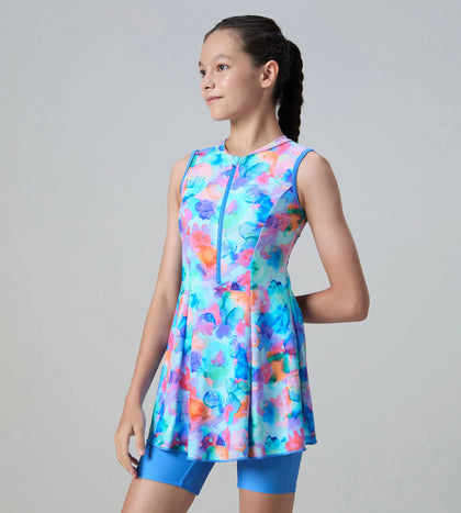 Girl's Endurance10 Printed Closedback Swimdress With Boyleg - Angelic Blue & Periwinkle Blue