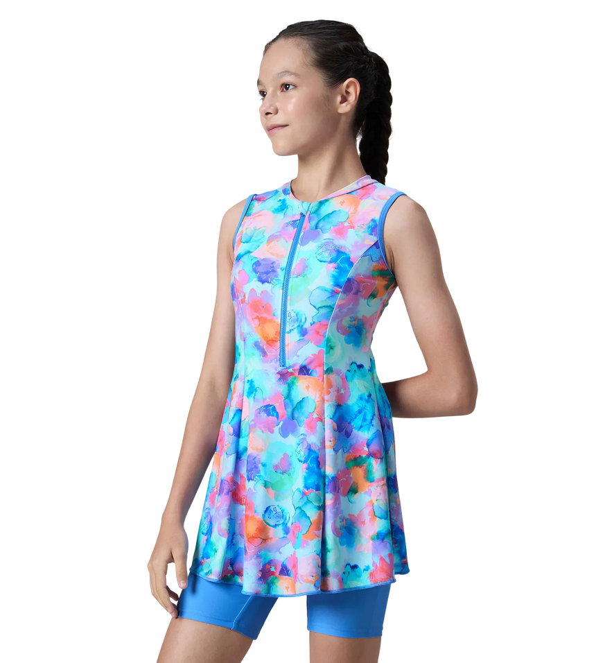 Girl's Endurance10 Printed Closedback Swimdress With Boyleg - Angelic Blue & Periwinkle Blue