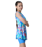 Girl's Endurance10 Printed Closedback Swimdress With Boyleg - Angelic Blue & Periwinkle Blue
