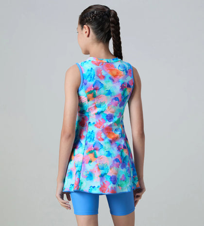 Girl's Endurance10 Printed Closedback Swimdress With Boyleg - Angelic Blue & Periwinkle Blue