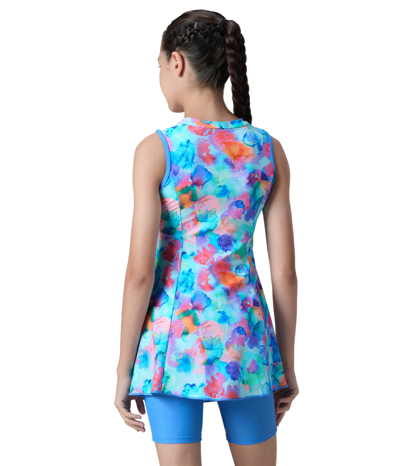 Girl's Endurance10 Printed Closedback Swimdress With Boyleg - Angelic Blue & Periwinkle Blue