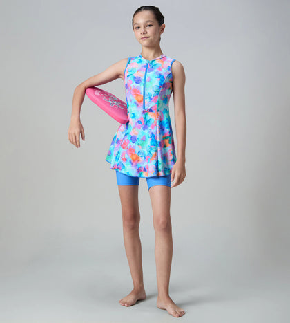 Girl's Endurance10 Printed Closedback Swimdress With Boyleg - Angelic Blue & Periwinkle Blue