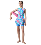 Girl's Endurance10 Printed Closedback Swimdress With Boyleg - Angelic Blue & Periwinkle Blue