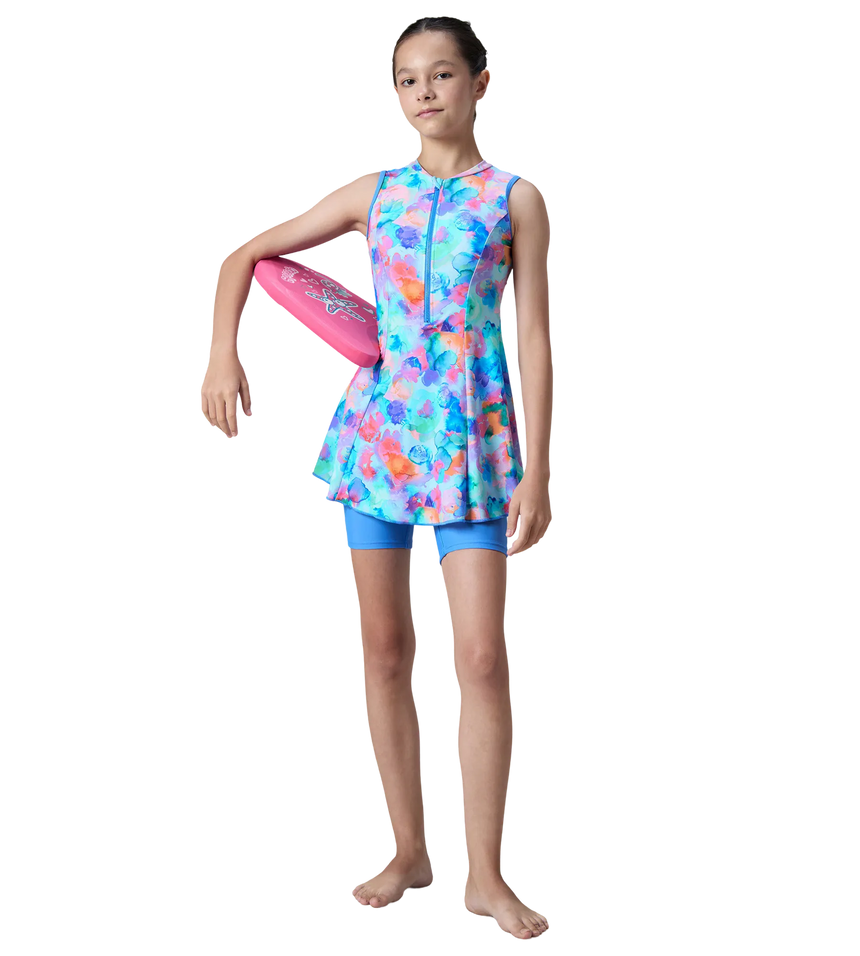 Girl's Endurance10 Printed Closedback Swimdress With Boyleg - Angelic Blue & Periwinkle Blue