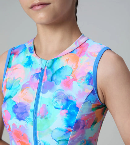 Girl's Endurance10 Printed Closedback Swimdress With Boyleg - Angelic Blue & Periwinkle Blue