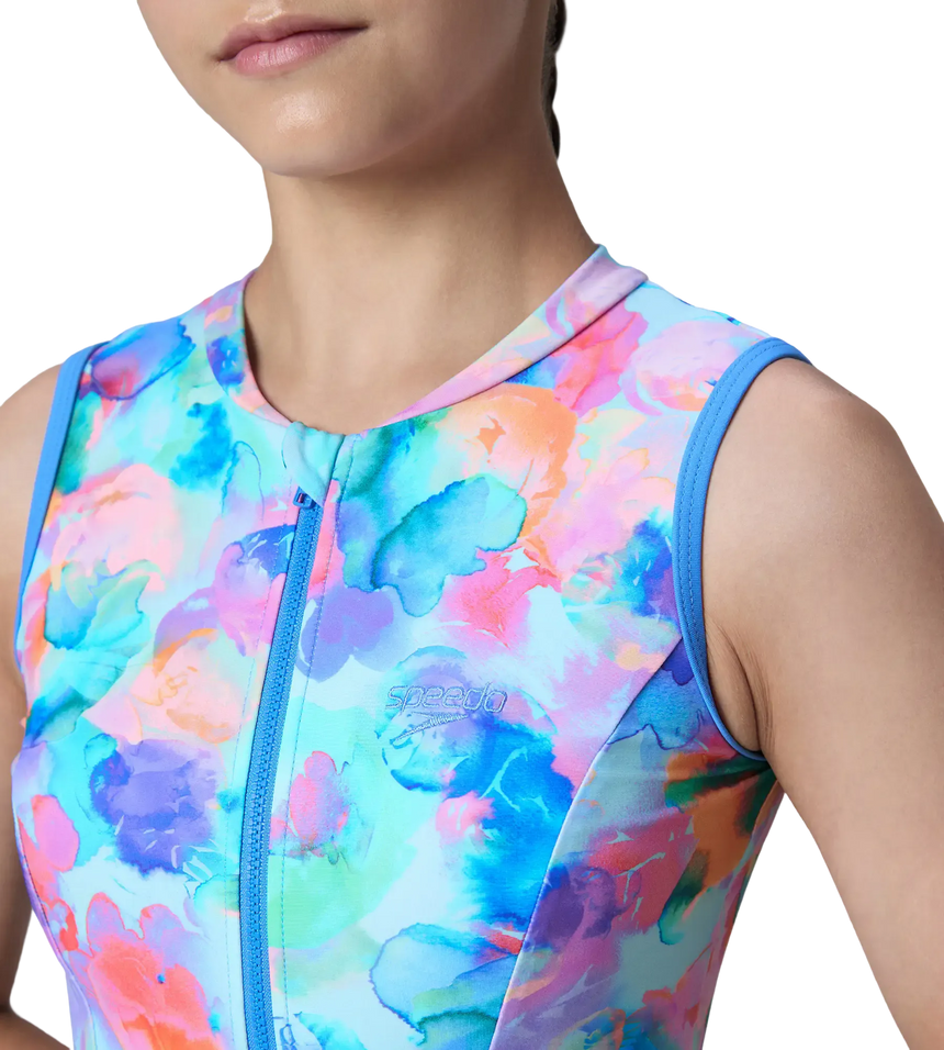 Girl's Endurance10 Printed Closedback Swimdress With Boyleg - Angelic Blue & Periwinkle Blue