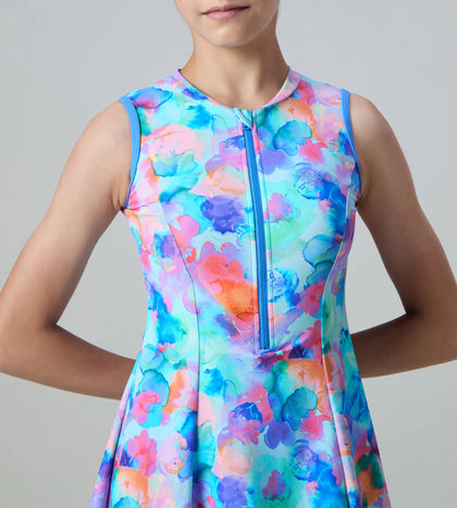 Girl's Endurance10 Printed Closedback Swimdress With Boyleg - Angelic Blue & Periwinkle Blue