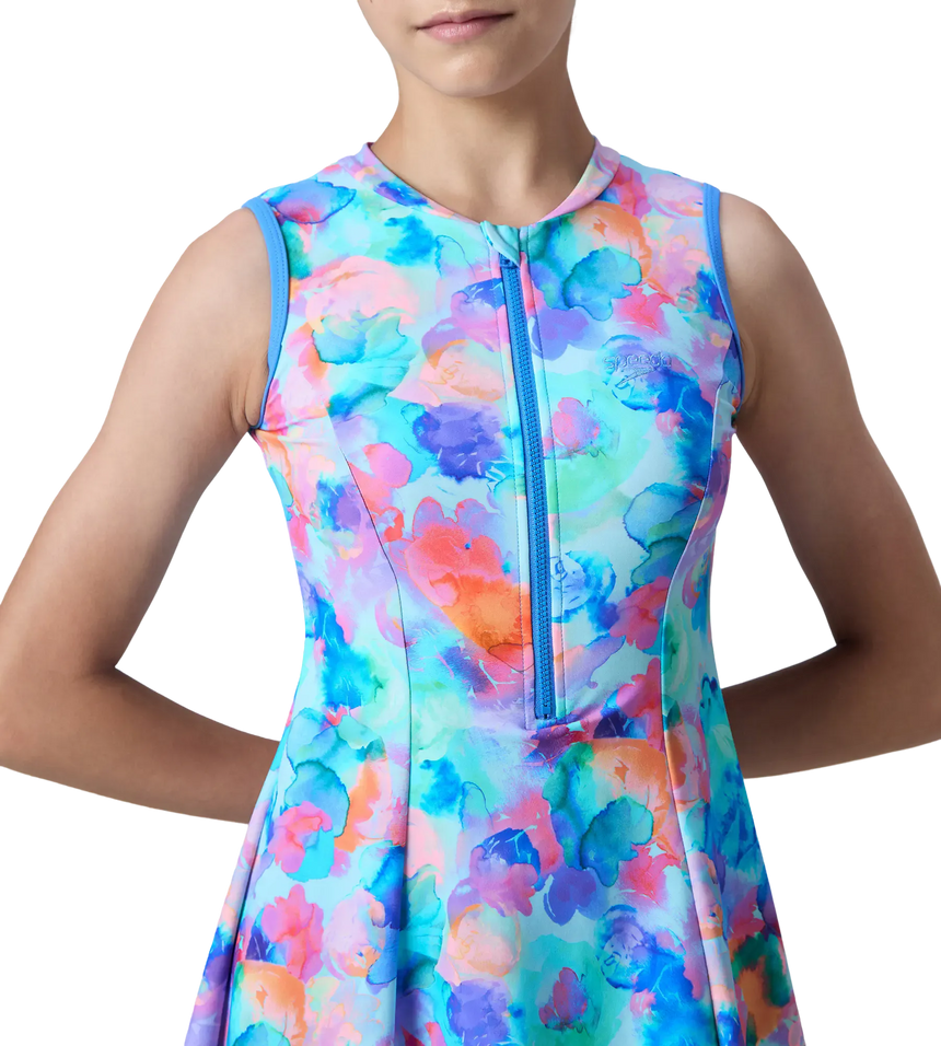 Girl's Endurance10 Printed Closedback Swimdress With Boyleg - Angelic Blue & Periwinkle Blue