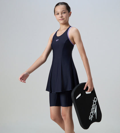 Girl's Endurance10 Racerback Swimdress With Boyleg - True Navy & Purple Mist