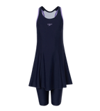 Girl's Endurance10 Racerback Swimdress With Boyleg - True Navy & Purple Mist