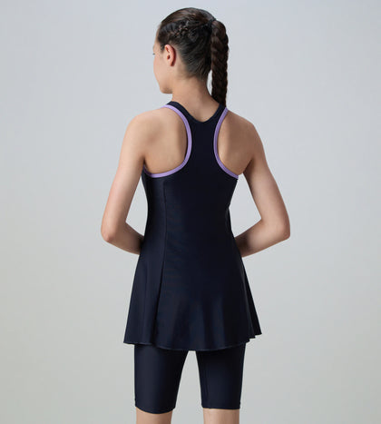 Girl's Endurance10 Racerback Swimdress With Boyleg - True Navy & Purple Mist