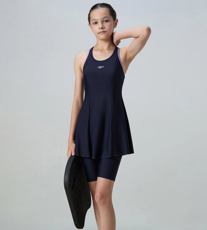 Girl's Endurance10 Racerback Swimdress With Boyleg - True Navy & Purple Mist