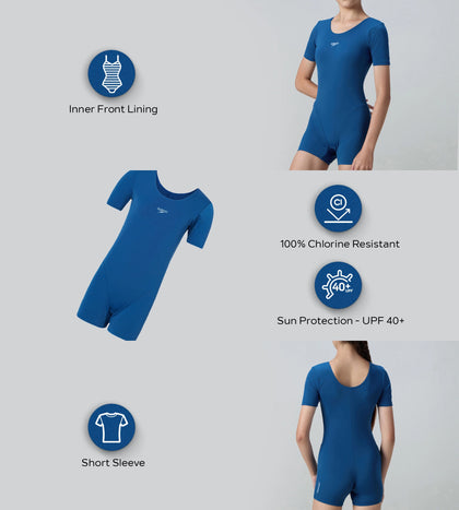 Girl's Endurance+ Short Sleeve Essential U-Back Legsuit - Aegean Denim & Acadia Blue