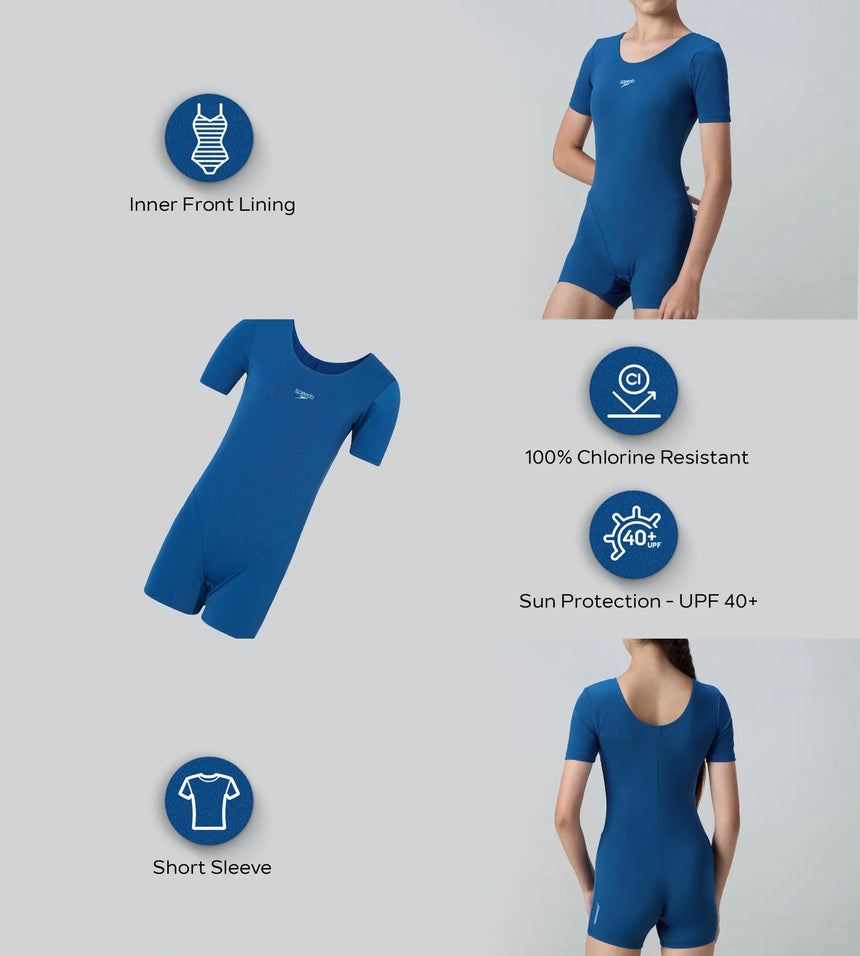 Girl's Endurance+ Short Sleeve Essential U-Back Legsuit - Aegean Denim & Acadia Blue