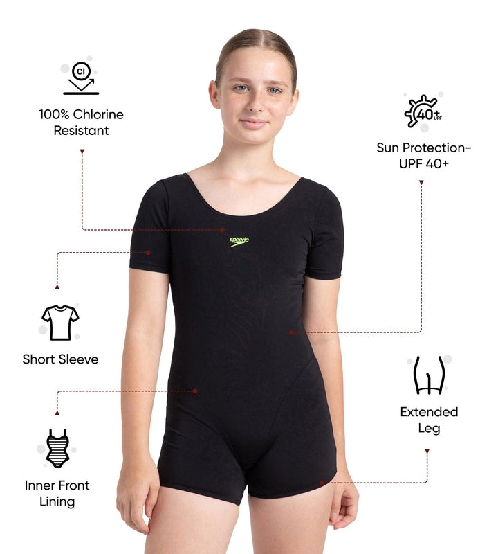 Girl's Endurance+ Sleeved Essential U-Back Legsuit - Black & Hyper Yellow
