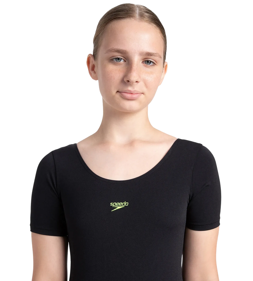 Girl's Endurance+ Sleeved Essential U-Back Legsuit - Black & Hyper Yellow