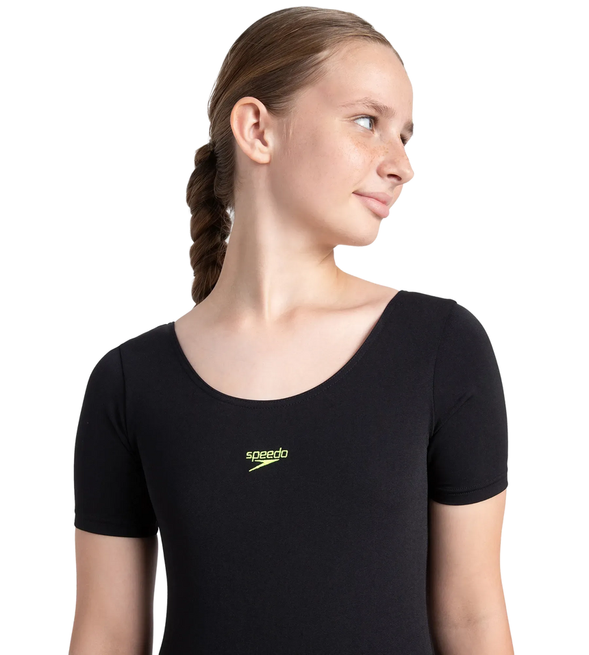 Girl's Endurance+ Sleeved Essential U-Back Legsuit - Black & Hyper Yellow