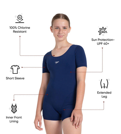 Girl's Endurance+ Sleeved Essential U-Back Legsuit - Cerulean Blue & White