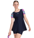 Girl's Endurance10 Sleeved Closedback Swimdress With Boyleg - True Navy, Neon Violet & Arctic Glass