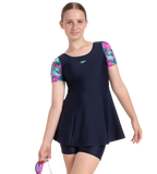 Girl's Endurance10 Sleeved Closedback Swimdress With Boyleg - True Navy, Neon Violet & Arctic Glass