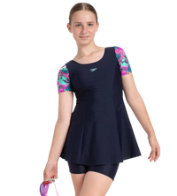 Girl's Endurance10 Sleeved Closedback Swimdress With Boyleg - True Navy, Neon Violet & Arctic Glass