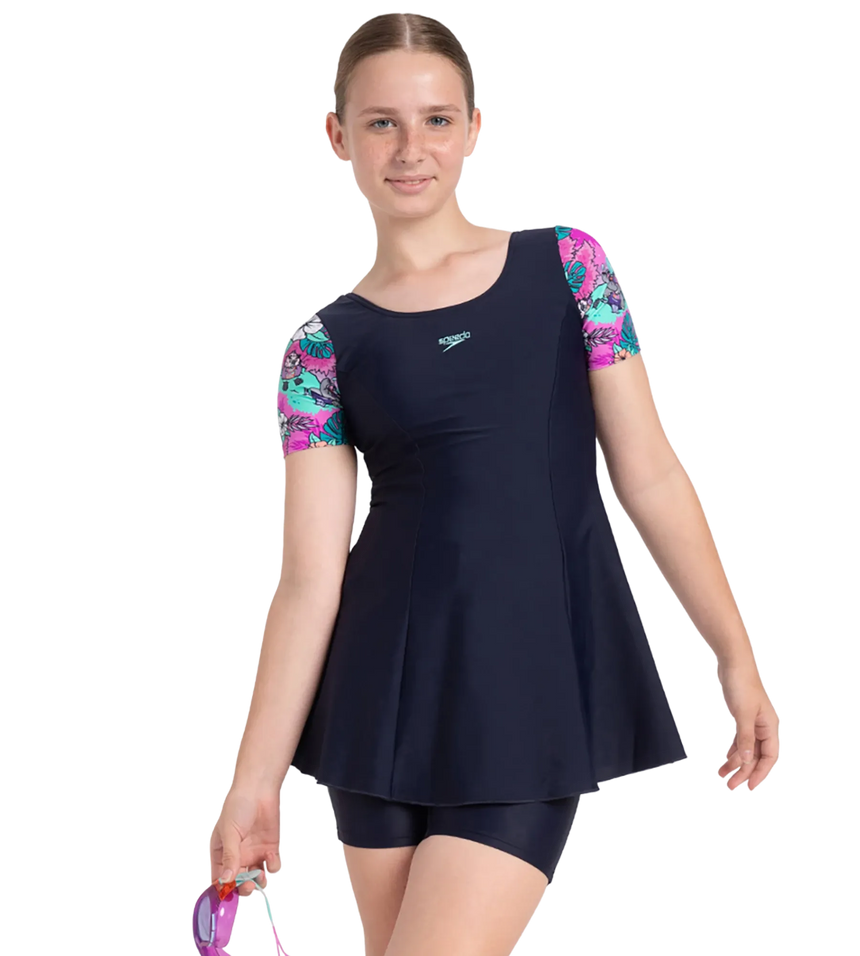 Girl's Endurance10 Sleeved Closedback Swimdress With Boyleg - True Navy, Neon Violet & Arctic Glass