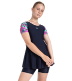 Girl's Endurance10 Sleeved Closedback Swimdress With Boyleg - True Navy, Neon Violet & Arctic Glass
