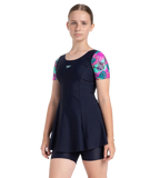 Girl's Endurance10 Sleeved Closedback Swimdress With Boyleg - True Navy, Neon Violet & Arctic Glass