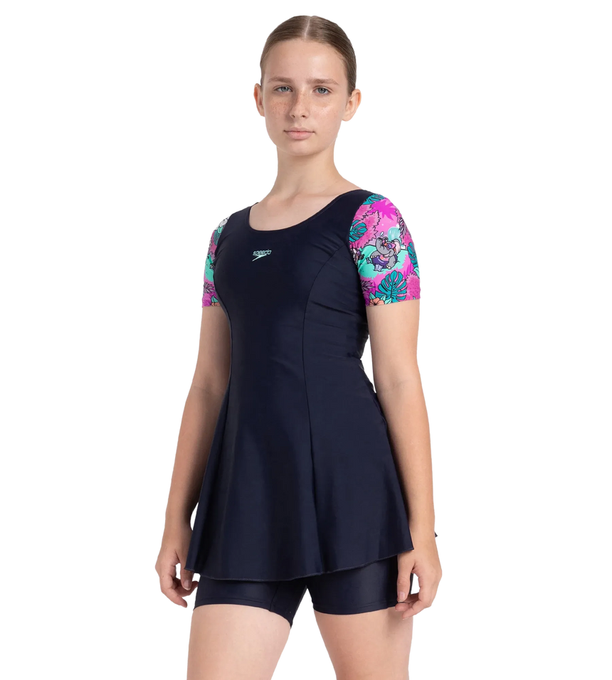 Girl's Endurance10 Sleeved Closedback Swimdress With Boyleg - True Navy, Neon Violet & Arctic Glass