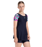 Girl's Endurance10 Sleeved Closedback Swimdress With Boyleg - True Navy, Neon Violet & Arctic Glass
