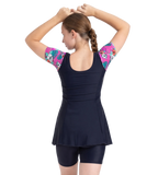 Girl's Endurance10 Sleeved Closedback Swimdress With Boyleg - True Navy, Neon Violet & Arctic Glass