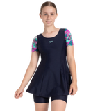 Girl's Endurance10 Sleeved Closedback Swimdress With Boyleg - True Navy, Neon Violet & Arctic Glass