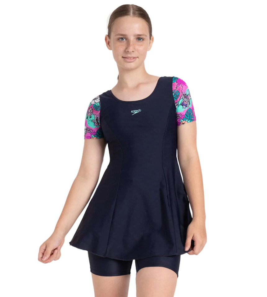 Girl's Endurance10 Sleeved Closedback Swimdress With Boyleg - True Navy, Neon Violet & Arctic Glass