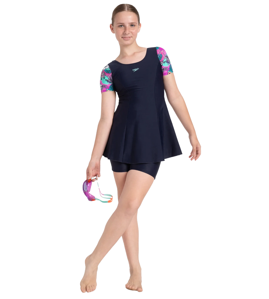 Girl's Endurance10 Sleeved Closedback Swimdress With Boyleg - True Navy, Neon Violet & Arctic Glass