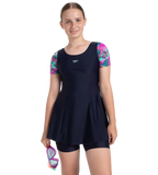 Girl's Endurance10 Sleeved Closedback Swimdress With Boyleg - True Navy, Neon Violet & Arctic Glass