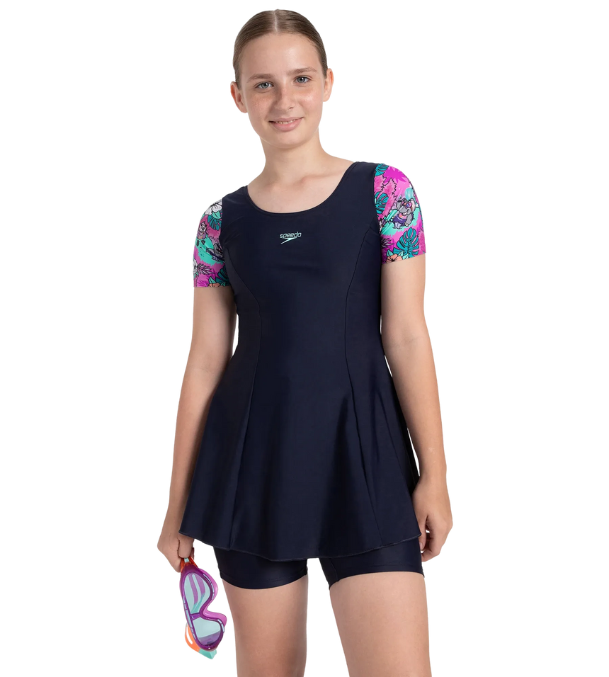 Girl's Endurance10 Sleeved Closedback Swimdress With Boyleg - True Navy, Neon Violet & Arctic Glass