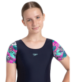 Girl's Endurance10 Sleeved Closedback Swimdress With Boyleg - True Navy, Neon Violet & Arctic Glass