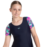 Girl's Endurance10 Sleeved Closedback Swimdress With Boyleg - True Navy, Neon Violet & Arctic Glass