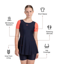 Girl's Endurance10 Sleeved Closedback Swimdress With Boyleg - True Navy & Coral Sands