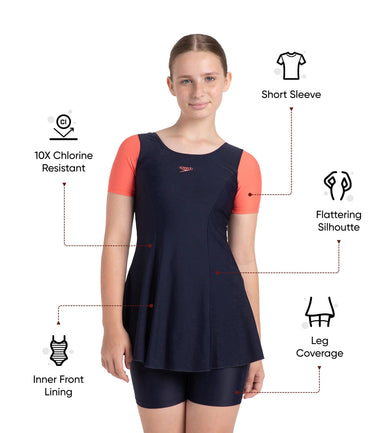 Girl's Endurance10 Sleeved Closedback Swimdress With Boyleg - True Navy & Coral Sands
