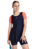 Girl's Endurance10 Sleeved Closedback Swimdress With Boyleg - True Navy & Coral Sands
