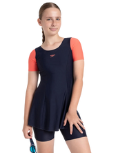 Girl's Endurance10 Sleeved Closedback Swimdress With Boyleg - True Navy & Coral Sands