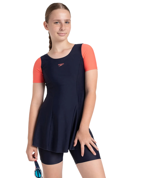 Girl's Endurance10 Sleeved Closedback Swimdress With Boyleg - True Navy & Coral Sands