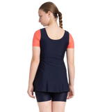 Girl's Endurance10 Sleeved Closedback Swimdress With Boyleg - True Navy & Coral Sands