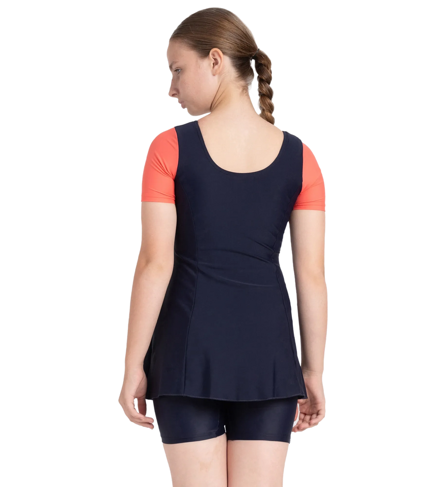 Girl's Endurance10 Sleeved Closedback Swimdress With Boyleg - True Navy & Coral Sands