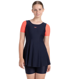 Girl's Endurance10 Sleeved Closedback Swimdress With Boyleg - True Navy & Coral Sands