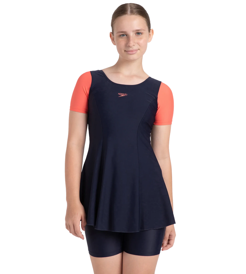 Girl's Endurance10 Sleeved Closedback Swimdress With Boyleg - True Navy & Coral Sands